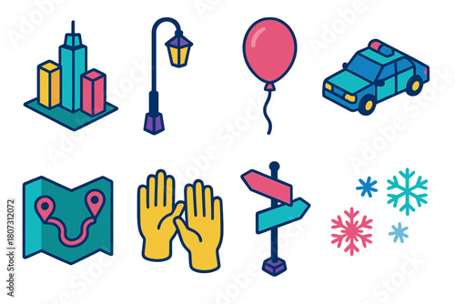 Vibrant City Festivities. City Celebration modern flat icon set: skyline, streetlamp, balloon, police car, parade route map, waving hands, street sign, snowflakes.
