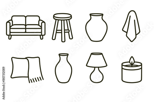 Scandinavian Minimalist Icons. Scandinavian Aesthetic outline icon set: minimalist sofa, wooden stool, ceramic pot, cozy throw, candle jar, clean lines, muted colors, warm light.