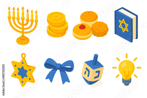 Isometric Holiday Icons. Traditional Holiday Icons modern flat icon set: menorah with nine candles, gold coins, fried foods, prayer book, star decoration, blue ribbon, dreidel,