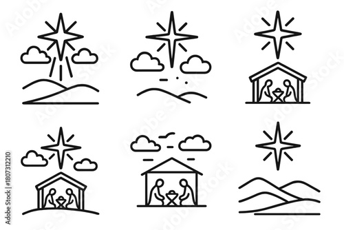Sacred Star Beacon. Sacred Star outline icon set: shining beacon, night clouds, manger scene, desert hill, rays, calm sky.