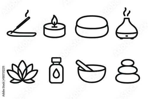 Meditation Icon Set. Meditative Candle Set outline icon set: incense holder, tea light candle, meditation cushion, aroma diffuser, lotus flower, essential oil bottle, sound bowl,