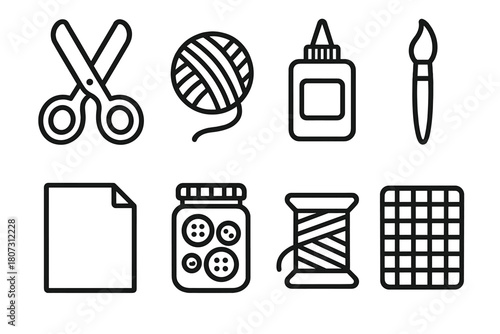 Craft Tools Icons. Creative Craft Workshop outline icon set: scissors, yarn ball, glue bottle, paintbrush, paper sheet, button jar, thread spool, cutting mat.