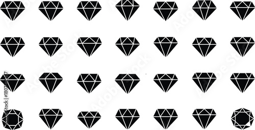 Elegant black diamond gemstone icon collection featuring geometric faceted shapes, minimal vector silhouettes, luxury jewel symbols, perfect for branding, pattern design, decoration, 