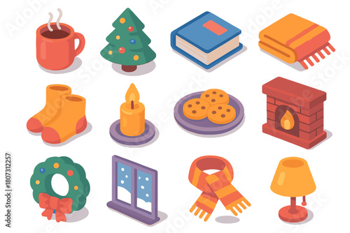 Cozy Holiday Icons. Cozy Festive Evenings modern flat icon set: steaming mug, twinkling tree, book, blanket, wool socks, candle flame, cookies, fireplace, wreath, window snow, warm