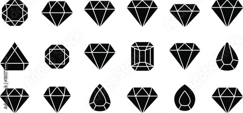 Elegant black gemstone icon collection featuring diverse diamond, octagon, pear, triangle, and emerald-cut shapes with clean geometric facets, perfect for luxury branding and modern vector illus