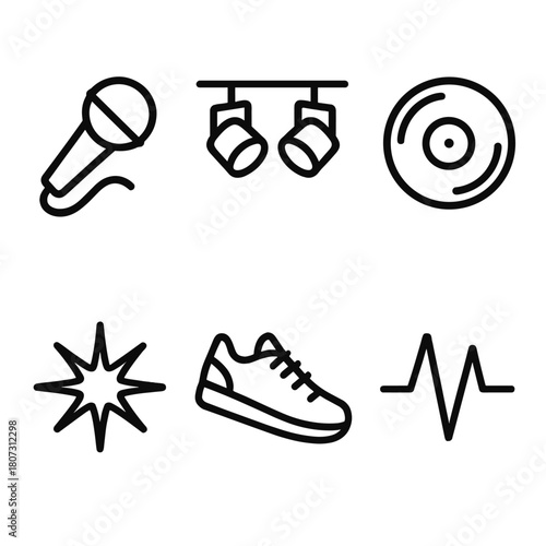 Night Groove Icons. Night Groove outline icon set: microphone, stage lights, record, starburst, sneaker, heart beat line.
