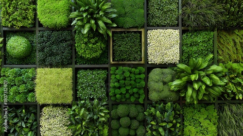 Fototapeta Naklejka Na Ścianę i Meble -  Awesome photo of green moss wall texture background, vertical garden with various plants.