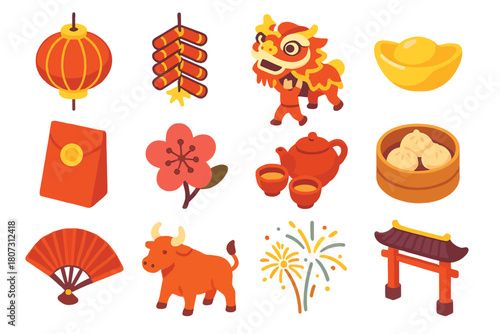 Lunar New Year Icons. Lunar New Year Celebration modern flat icon set: red lantern, firecracker, dragon dancer, gold ingot, lucky envelope, plum blossom, tea set, dumplings, red