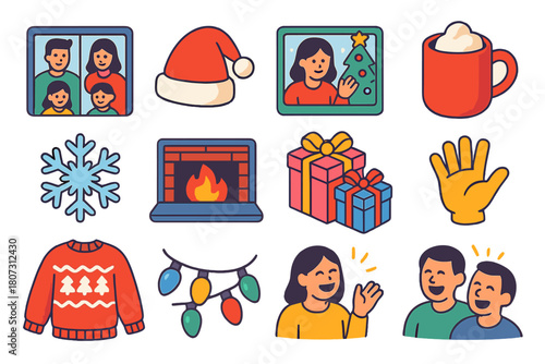 Festive Video Call Icons. Holiday Video Call modern flat icon set: family on screens, Santa hat, hot cocoa mug, decorated tree behind, snowflake overlay, virtual fireplace, wrapped