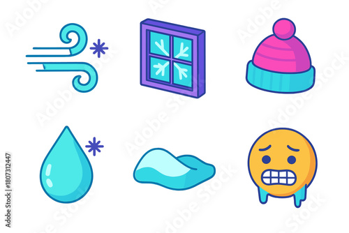 Icy Elements Icons. Icy Air modern flat icon set: breeze swirl, frosty window, wool hat, frozen droplet, snow drift, shivering face.