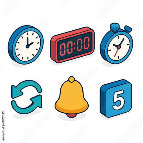 Vibrant Timer Icons. Countdown Timer modern flat icon set: clock face, digital display, stopwatch, arrow loop, bell, number icon.