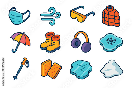Isometric Winter Gear Icons. Outdoor Protection modern flat icon set: face mask, wind icon, goggles, thermal jacket, umbrella, snow boots, earmuffs, frozen puddle, walking stick,