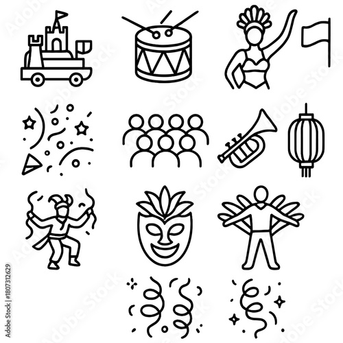 Cultural Parade Icons. Cultural Parades Set outline icon set: parade float, drum, dancer, flag, confetti, crowd, trumpet, lantern, performer, mask, costume, streamer.