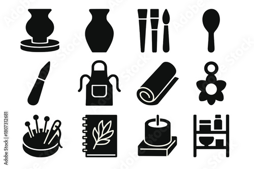 Artisan Tools Icon Set. Artisan Workshop bold vector icon set: pottery wheel, clay vase, paintbrush set, wooden spoon, carving knife, apron, fabric roll, jewelry charm, needle kit,