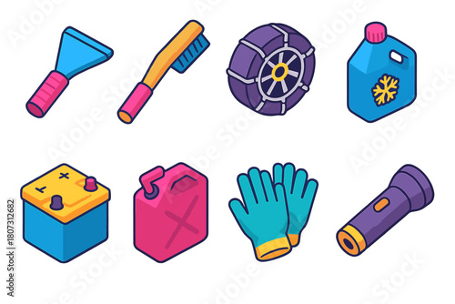 Vehicle Prep Icons. Vehicle Preparation modern flat icon set: windshield scraper, snow brush, tire chain, antifreeze bottle, car battery, gas can, gloves, flashlight.