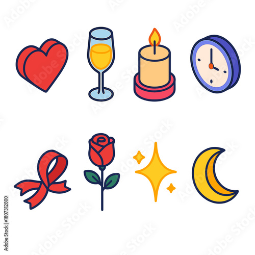 Romantic Evening Icons. Romantic Evening modern flat icon set: heart, champagne glass, candle, clock, ribbon, rose, sparkle, moon.