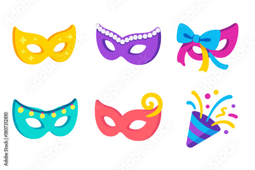 Vibrant Party Masks. Glam Party Masks modern flat icon set: glitter mask, pearl trim, ribbon bow, lights, swirl, confetti pop.
