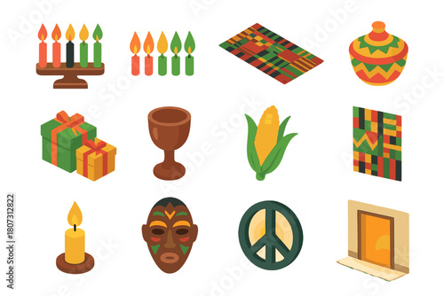 Kwanzaa Icons Showcase. Kwanzaa Traditions modern flat icon set: kinara, seven flames, mkeka mat, African basket, handmade gifts, unity cup, corn stalks, kente cloth, candlelight,