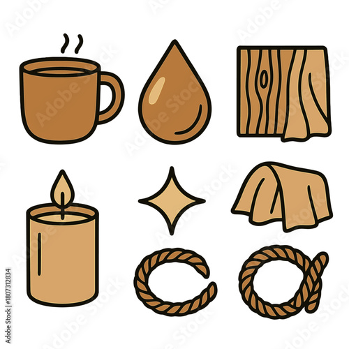 Warm Neutral Icons. Warm Neutrals outline icon set: coffee hue, caramel tone, wood grain, cream highlight, fabric fold, candle, sparkle, rope.