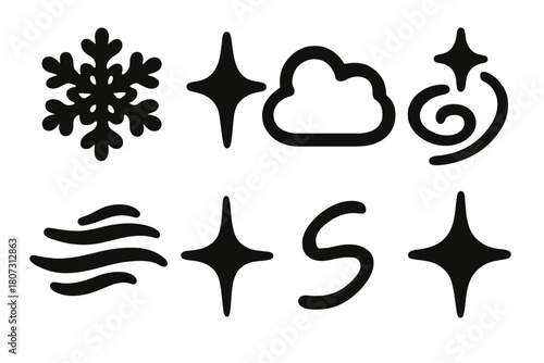Brutalist Winter Icons. Dreamy Winter bold vector icon set: lace snowflake, twinkle, cloud puff, sparkle swirl, frost mist, star, soft line, shimmer.