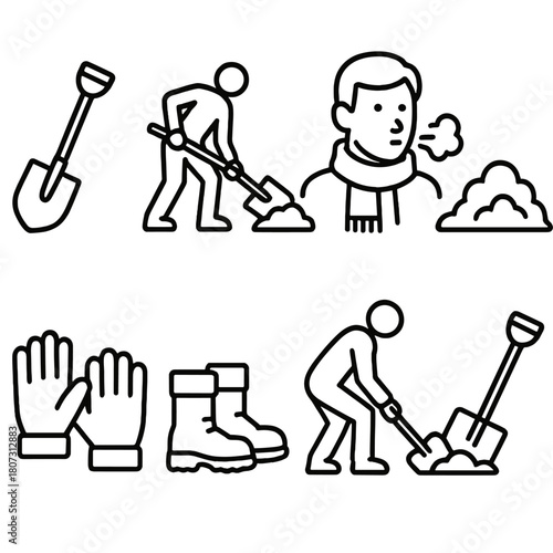Snow Shoveling Icons. Proper Technique outline icon set: shovel, bent knees, straight back, snow pile, gloves, boots, scarf, exhale mist.