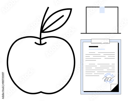 Outline of an apple and signed contract on a clipboard with top paper. Ideal for nutrition, health goals, meal planning, agreements, education, wellness, and fitness inspiration. Simple flat metaphor