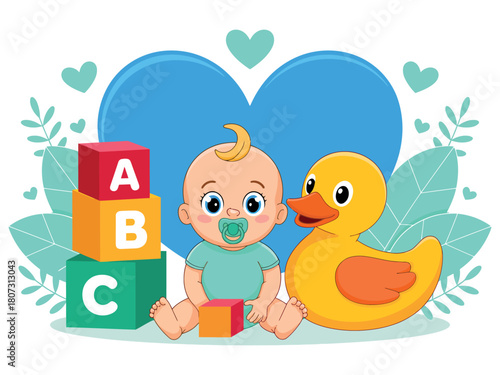 A cute baby sits next to building blocks and a rubber duck toy with a large blue heart behind them.