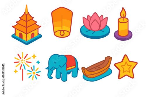 Thai Winter Festivity Icons. Thai Winter Celebration modern flat icon set: temple, lantern, lotus flower, candle, fireworks, elephant, boat, star.