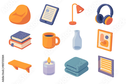 Cozy Nook Icons. Modern cozy nook set modern flat icon set: beanbag chair, tablet with e-book, modern floor light, wireless headphones, book pile, ceramic mug, glass vase, abstract