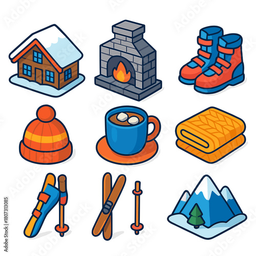 Ski Lodge Essentials. Ski Lodge Essentials modern flat icon set: snowy chalet, fireplace, hot cocoa mug, ski boots, wool hat, cable knit blanket, wooden skis, mountain view.