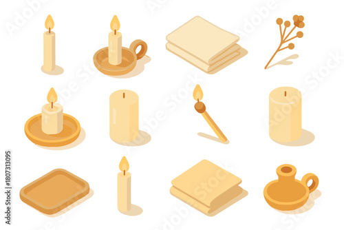 Minimal Candle Icons. Minimal Candle Styling modern flat icon set: single candle, ceramic holder, linen cloth, folded napkin, dried flower, soft light, wooden tray, neutral tone,