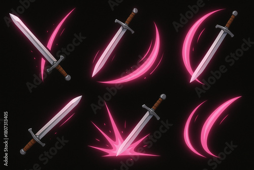 Medieval Sword Attack Effects Vector Set with Neon Pink Slash VFX