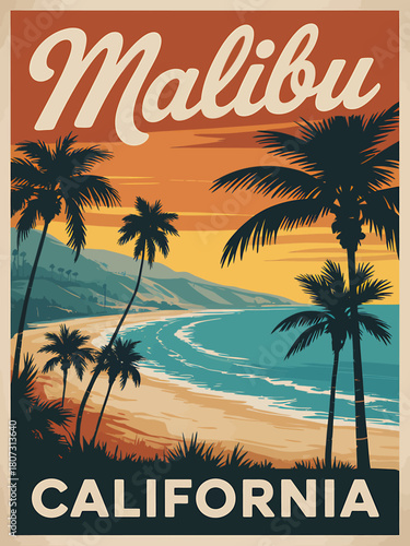 Malibu california vintage travel poster with palm trees beach sunset