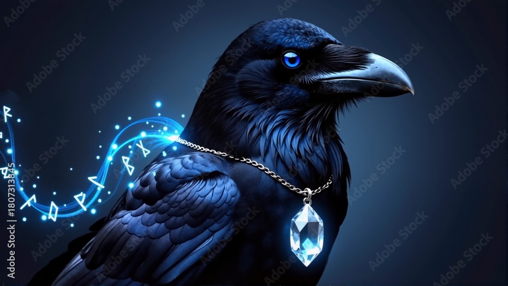Naklejka premium Fantasy raven with a glowing blue eye wearing a crystal pendant on a chain, surrounded by magical blue runes and light trails on a dark background.