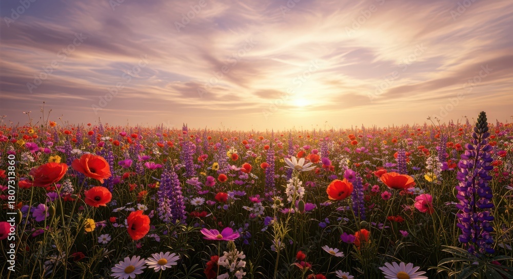 Obraz premium Luminous Painterly Dreamscape: Vast Hyper-Realistic Wildflower Field, Ethereal Golden Hour, Sunset