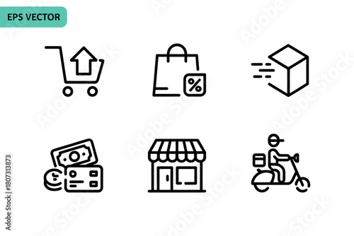 E-commerce outline icons: shopping, sales, delivery, payment, store
