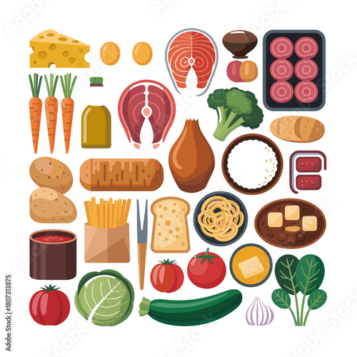 Assortment of Culinary Delights: A vibrant array of diverse food elements, artfully arranged to showcase culinary possibilities and the pleasure of enjoying delectable dishes. 