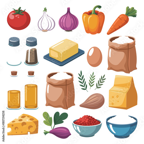 Assortment of Culinary Essentials: A vibrant collection of fresh produce and essential ingredients forms a delicious foundation for a flavorful culinary creation. Featuring a bright.