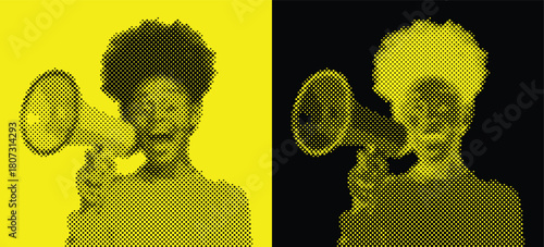Halftone Illustration of Black Woman Screaming into the Megaphone on Yellow and Black Background. Retro Set. Vector Vintage Poster.
