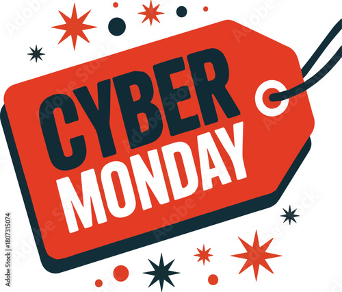 Red tag with dark blue text Cyber Monday and starbursts sale discount