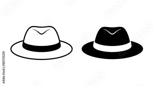 Classic fedora hat icons: simple black and white vector set