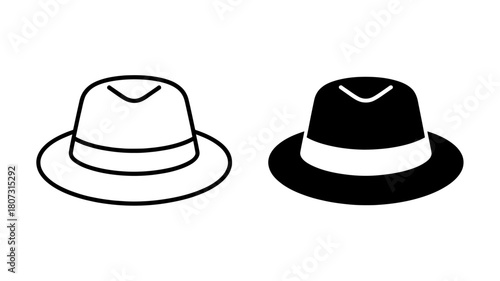 Fedora hat outline and filled icon set, elegant fashion accessories