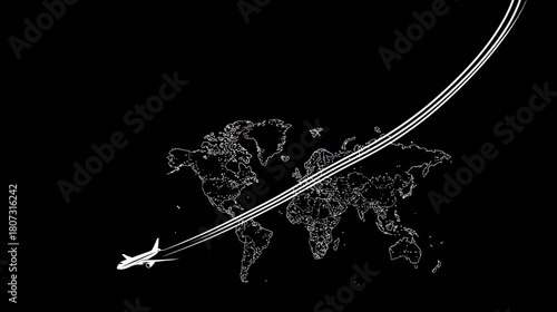 Airplane flying with a contrail over a global world map, symbolizing international travel, journey, and worldwide connection.