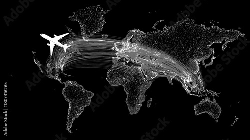 Conceptual global travel with airplane flying across a stylized world map, illustrating international flight paths and connectivity.
