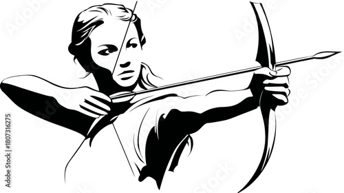 Focused woman archer aiming a bow and arrow, black and white illustration depicting skill, precision, and determination in sport.