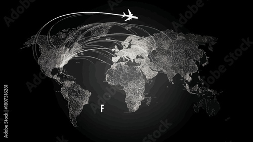 Global airplane travel routes and international logistics network visualized on a grayscale world map. Worldwide transport concept.