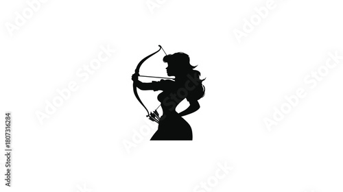 Elegant female archer silhouette aiming a bow and arrow in profile, representing strength, skill, and precision