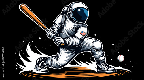 Astronaut Swinging Baseball Bat Illustration, Space Sport Game, Cosmic Athlete Graphic Design for Apparel