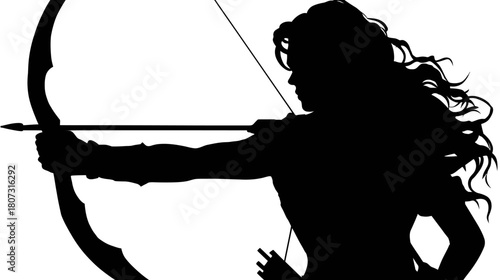 Powerful silhouette of a female archer aiming a bow and arrow with precision and focus, representing strength and skill.