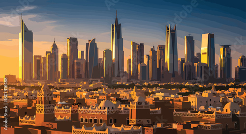 Panoramic View of a Modern City Skyline with Traditional Arabic Architecture in the Foreground at Sunset